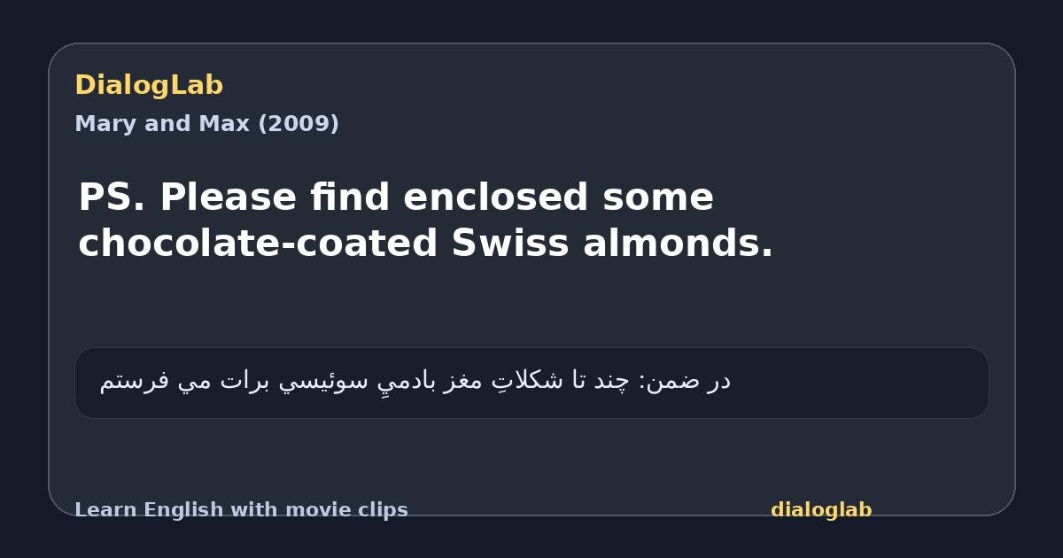 Share card for PS. Please find enclosed some chocolate-coated Swiss almonds.