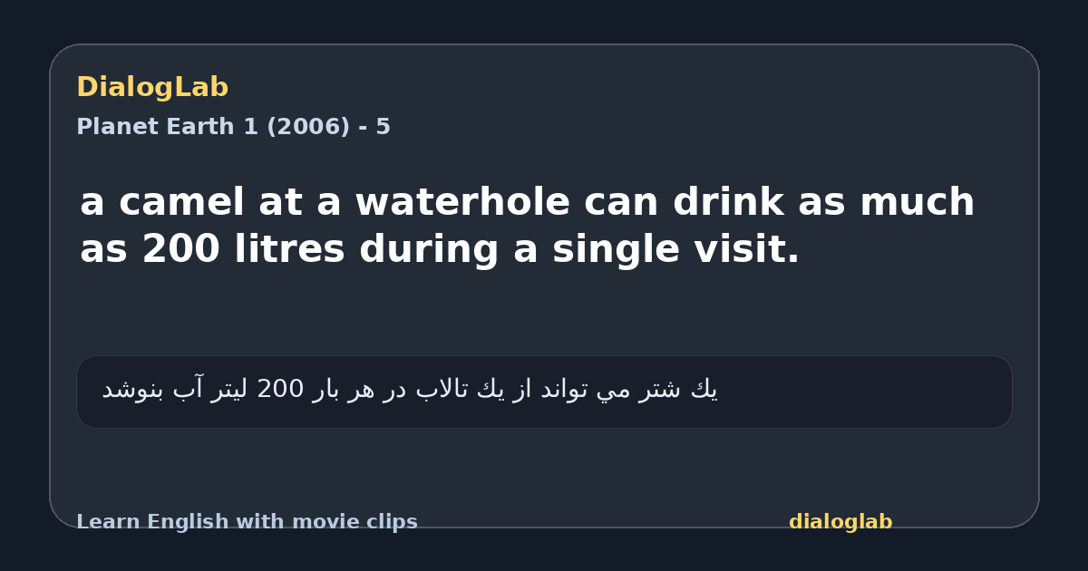 Share card for a camel at a waterhole can drink as much as 200 litres during a single visit.